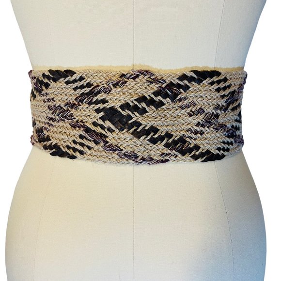 All Saints Wide Woven Jute & Leather Belt Brown Beige Double Buckle sz S/M EUC! - Picture 4 of 4